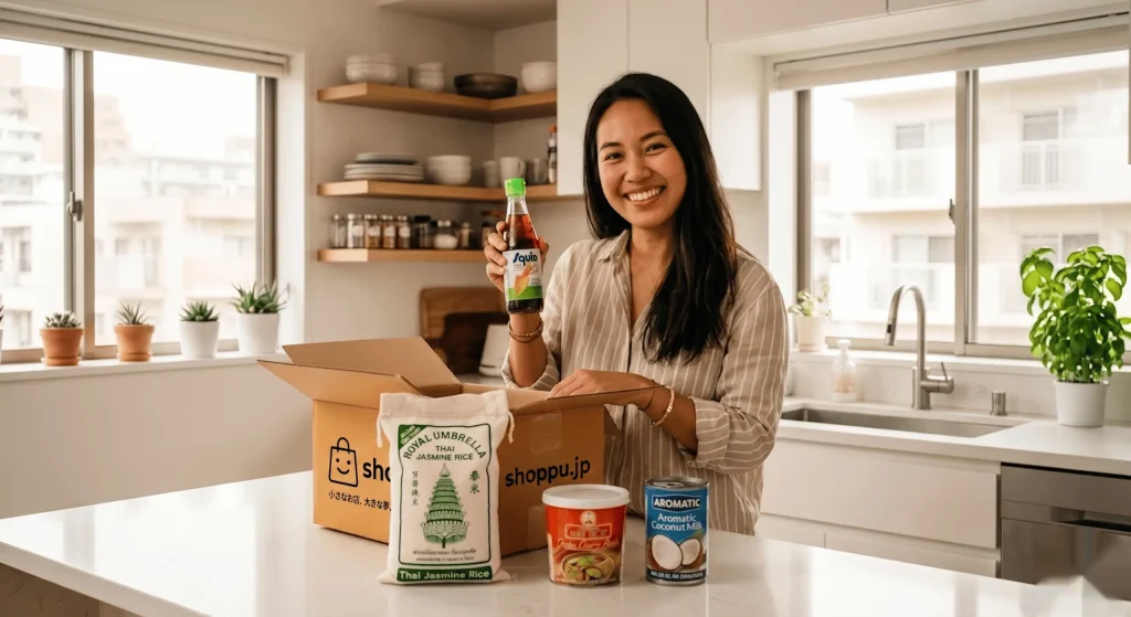 Southeast Asian woman unpacking shoppu.jp delivery box with Thai food products in Japanese kitchen 1