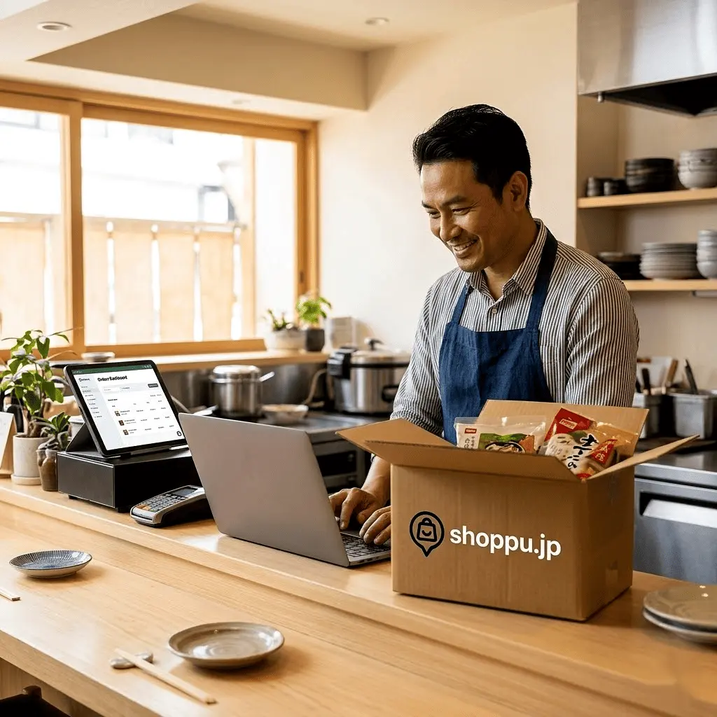 Chủ nhà hàng đang quản lý các đơn đặt hàng thực phẩm sỉ trên trang shoppu.jp bằng máy tính xách tay trong bếp của một nhà hàng Nhật Bản 1