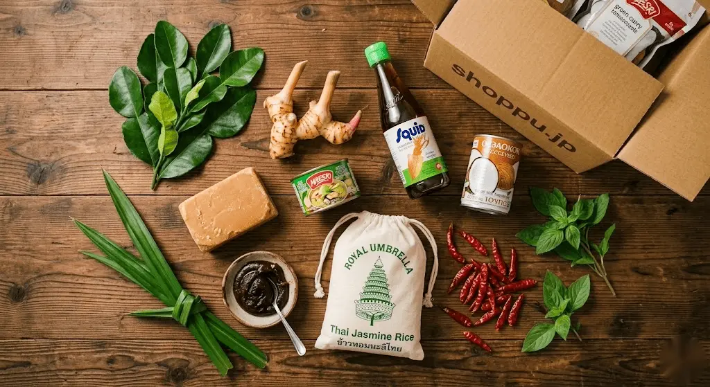 Thai cooking ingredients flat lay including fish sauce jasmine rice green curry paste galangal and coconut milk with shoppu.jp delivery box 1