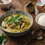 ชามแกงเขียวหวานไทยกับไก่ใบโหระพาและข้าวหอมมะลิ บนโต๊ะไม้ พร้อมวัตถุดิบจาก shoppu.jp 1